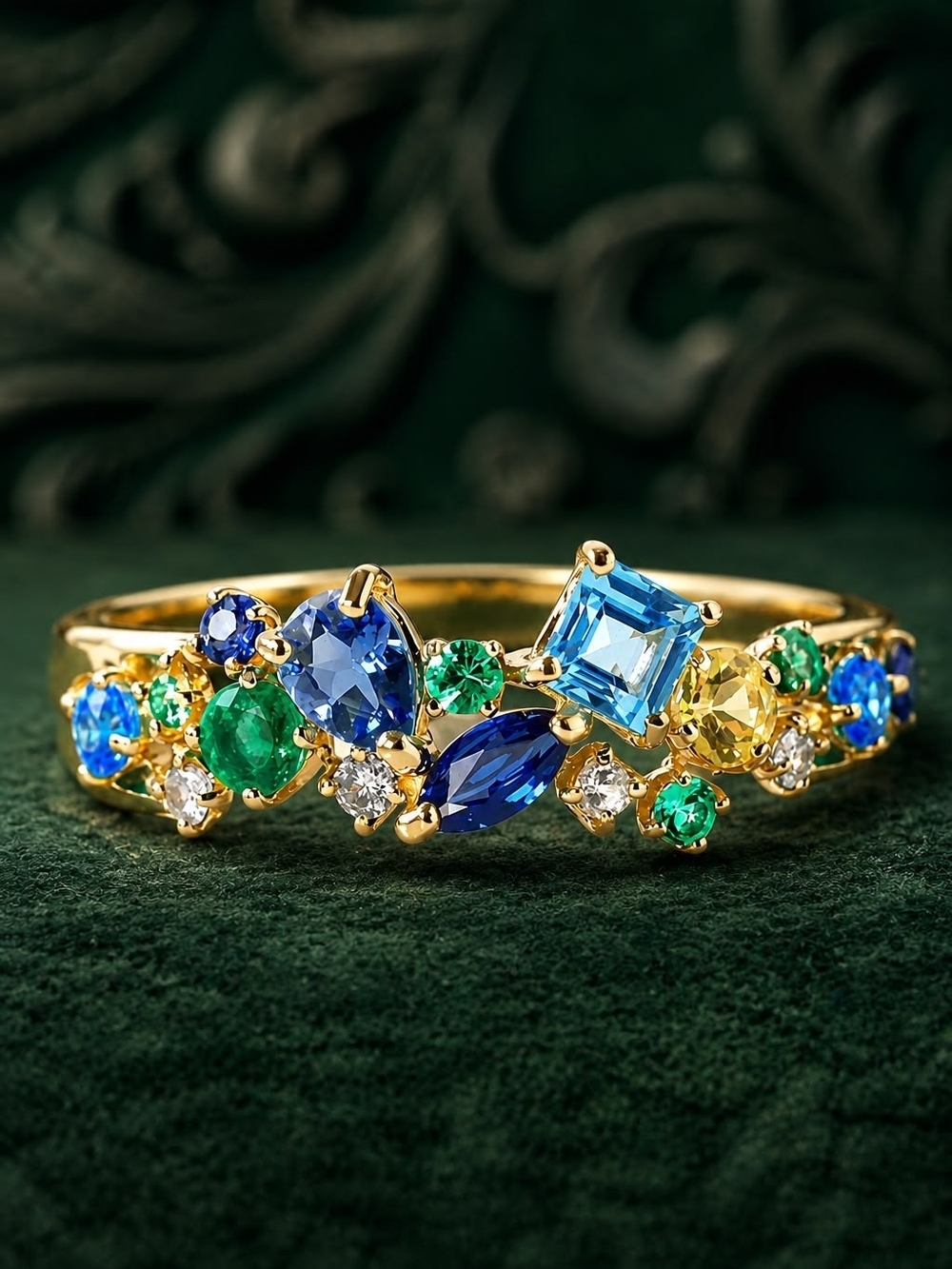 Gold Multi-Gemstone Ring with Blue and Green Stones
